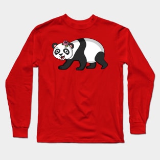 Cute happy panda bear with flower cartoon Long Sleeve T-Shirt